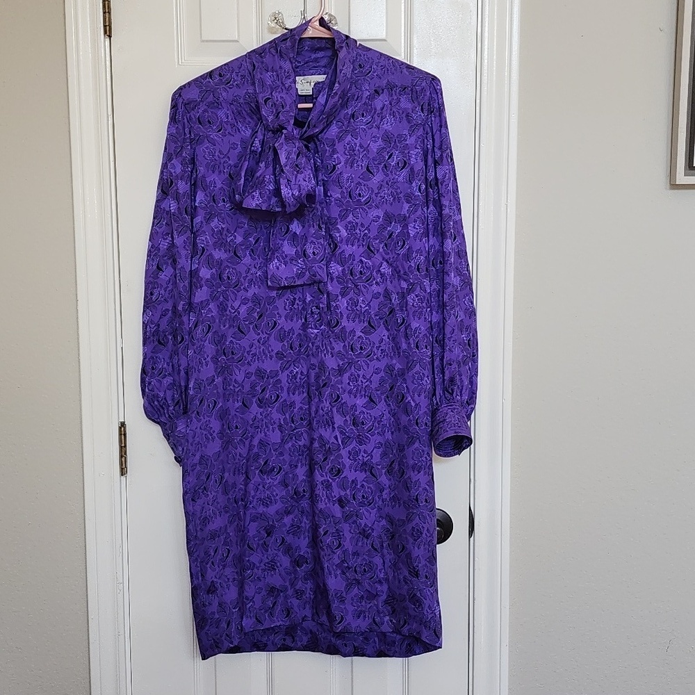 Vintage Adele Simpson 100% Silk Purple Dress Size 10​​​​